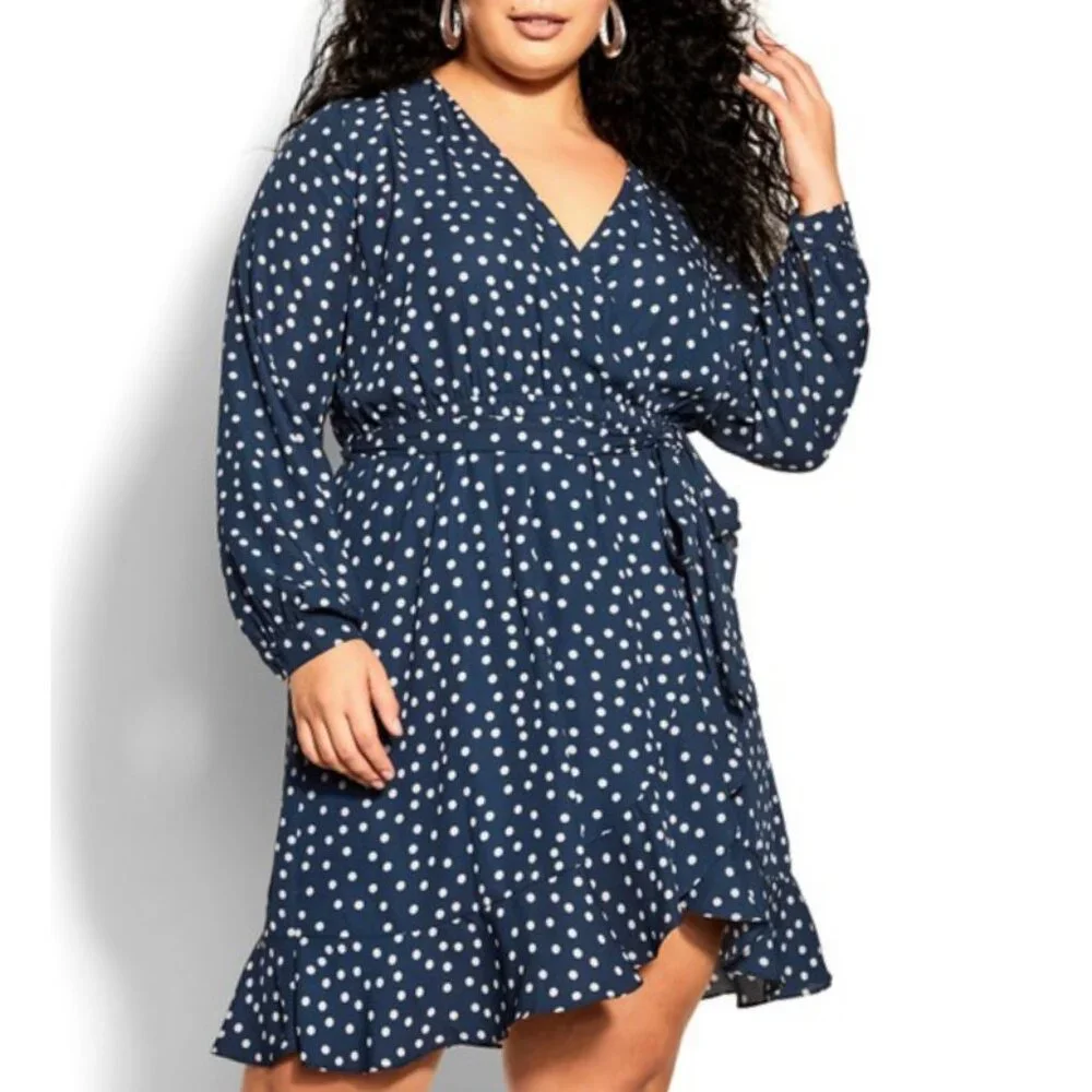 NWT City Chic Navy Faux Wrap Long Sleeve Ruffle Spot Dress 22